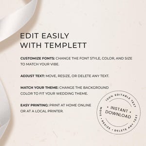 May include: A digital template instruction graphic with black text on a light beige background. The text reads: EDIT EASILY WITH TEMPLETT, CUSTOMIZE FONTS, ADJUST TEXT, MATCH YOUR THEME, EASY PRINTING, and a circular stamp: 100% EDITABLE TEXT INSTANT DOWNLOAD.
