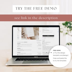 May include: A laptop computer screen displaying a website with a wedding menu template. The website has a five-star rating and several positive reviews. The text on the screen says "TRY THE FREE DEMO" and "templett.com/design/"