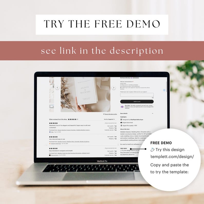 May include: A laptop computer screen displaying a website with a wedding menu template. The website has a five-star rating and several positive reviews. The text on the screen says "TRY THE FREE DEMO" and "templett.com/design/"