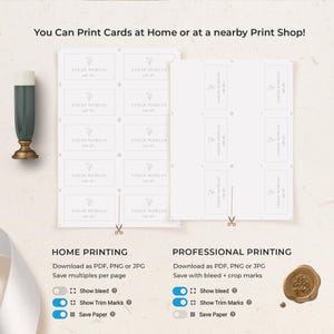 May include: A digital template for business cards featuring the text Sarah Morgan, displayed in a grid layout with crop marks. The image includes instructions for home and professional printing, with toggle switches for bleed, trim marks, and paper saving.