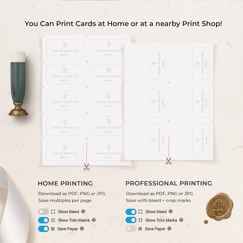May include: A digital template for business cards featuring the text Sarah Morgan, displayed in a grid layout with crop marks. The image includes instructions for home and professional printing, with toggle switches for bleed, trim marks, and paper saving.