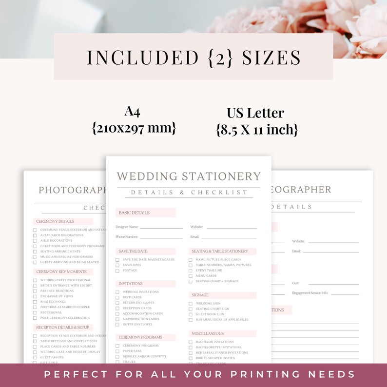 Puede incluir: Lista de verificaci&oacute;n de papeler&iacute;a de boda imprimible en dos tama&ntilde;os: US Letter (8,5 x 11 pulgadas) y A4 (210 x 297 mm). La lista de verificaci&oacute;n incluye secciones para detalles b&aacute;sicos, detalles de la ceremonia, momentos clave de la ceremonia, detalles de la recepci&oacute;n y configuraci&oacute;n, guardar la fecha, invitaciones, disposici&oacute;n de los asientos y papeler&iacute;a de mesa, se&ntilde;alizaci&oacute;n, programas de la ceremonia y miscel&aacute;nea.