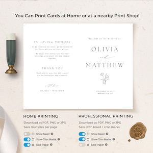 Op de afbeelding: Een afdrukbare huwelijksvolgorde sjabloon met een minimalistisch ontwerp. De volgorde bevat de namen "Olivia en Matthew" in een eenvoudig lettertype met een kleine bloemillustratie. De tekst "In Loving Memory" en "Bedankt" is ook inbegrepen, samen met instructies voor thuis- en professionele afdrukken.
