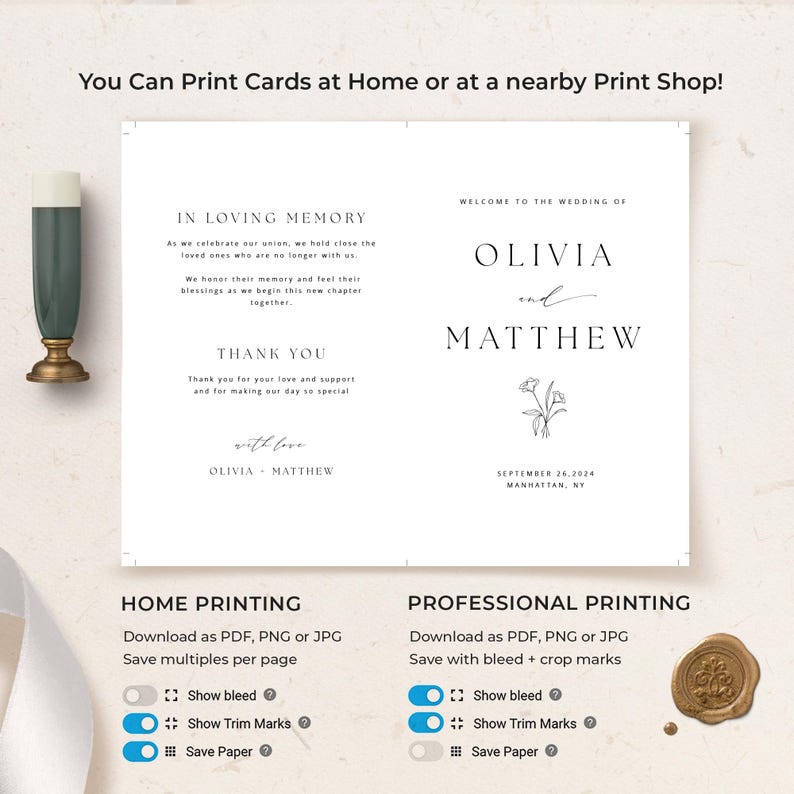 Op de afbeelding: Een afdrukbare huwelijksvolgorde sjabloon met een minimalistisch ontwerp. De volgorde bevat de namen "Olivia en Matthew" in een eenvoudig lettertype met een kleine bloemillustratie. De tekst "In Loving Memory" en "Bedankt" is ook inbegrepen, samen met instructies voor thuis- en professionele afdrukken.