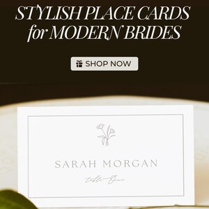 Stylish printable wedding place card with botanical detail and clean serif font. Elegant seating card design for modern brides. Editable template for flat or tent style, perfect for wedding receptions, bridal showers, or rehearsal dinners. Instant download format.