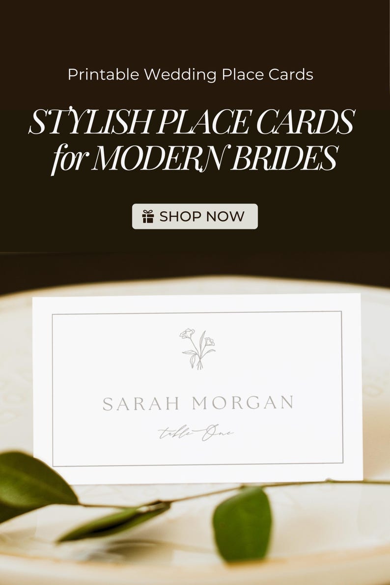 Stylish printable wedding place card with botanical detail and clean serif font. Elegant seating card design for modern brides. Editable template for flat or tent style, perfect for wedding receptions, bridal showers, or rehearsal dinners. Instant download format.
