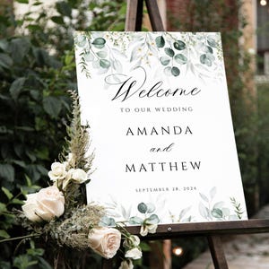 Elegante modello di cartello di benvenuto per matrimonio con verde eucalipto, poster di benvenuto per matrimonio modificabile, cartello stampabile, download immediato Templett