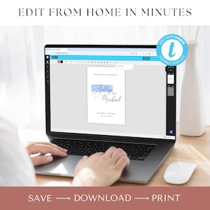 May include: A laptop computer screen displaying a wedding welcome sign template with the text "Welcome to the wedding of Ashley and Michael" in a blue and white colour scheme. The text "Edit with Template" is visible in a red circle with a white letter "t" in the top right corner of the image.