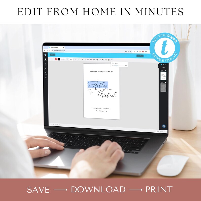 May include: A laptop computer screen displaying a wedding welcome sign template with the text "Welcome to the wedding of Ashley and Michael" in a blue and white colour scheme. The text "Edit with Template" is visible in a red circle with a white letter "t" in the top right corner of the image.