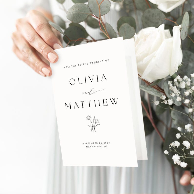 DIY wedding ceremony program – a beautiful foldable wedding program template with a simple and modern design. Instantly downloadable and easy to print at home or with a professional printer.