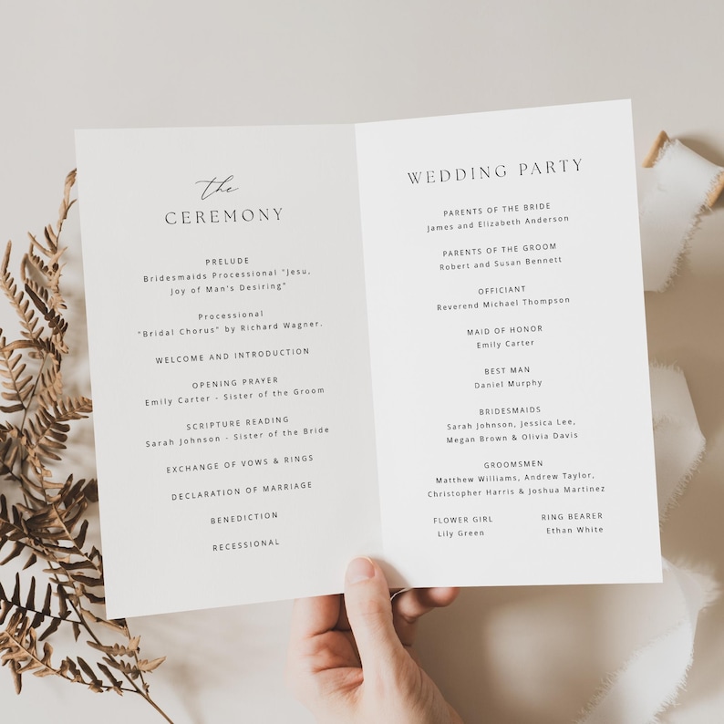 A timeless wedding ceremony program in a foldable design. This printable order of service template is minimalist and elegant, making it a perfect touch for your wedding day. Instant download for easy printing!