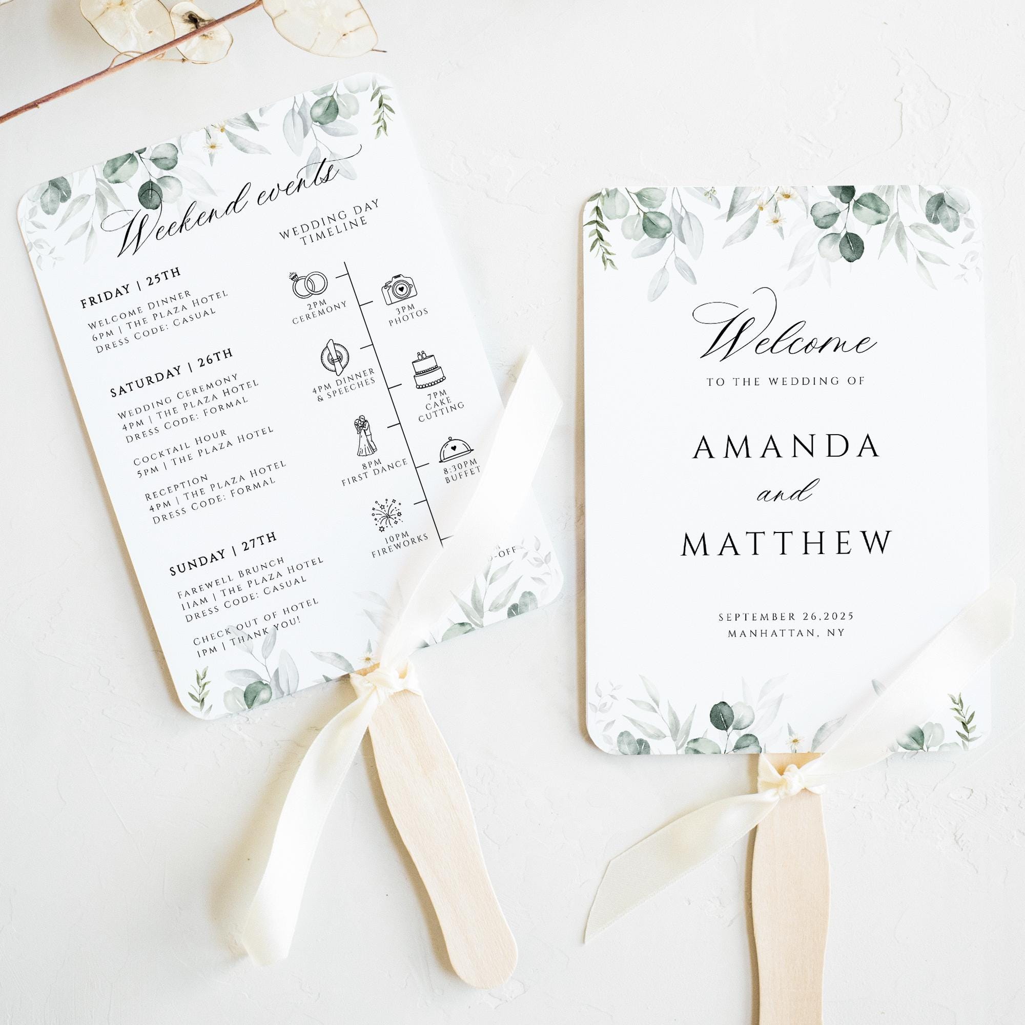 Wedding Program Fan Template Greenery Wedding Timeline Program ...