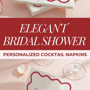 Custom bridal shower cocktail napkins with red scalloped border and personalized name. Elegant white paper napkins for bridal parties, dinner receptions, and wedding shower décor, creating a stylish and memorable detail for your event.