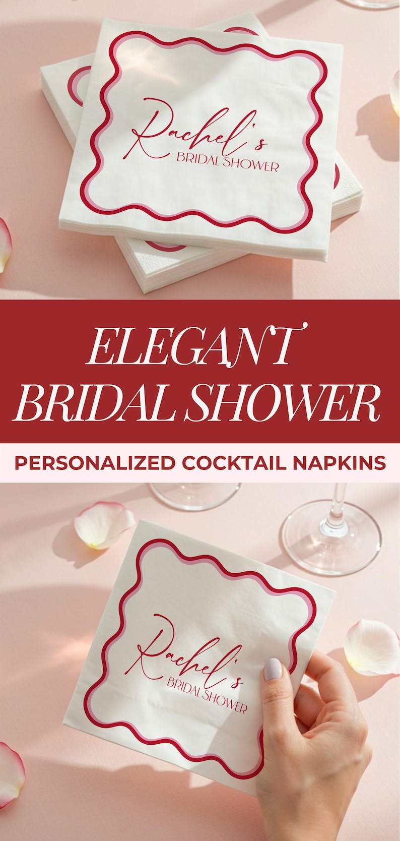 Custom bridal shower cocktail napkins with red scalloped border and personalized name. Elegant white paper napkins for bridal parties, dinner receptions, and wedding shower décor, creating a stylish and memorable detail for your event.