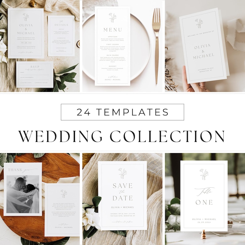 Wedding Stationery Bundle DIY Invitation Elegant Suite Minimalist Design Floral Template Customizable Set RSVP Menu Card Save Date Thank You Affordable Luxury Wedding Planning Kit