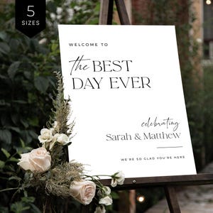 Wedding Welcome Sign Template Best Day Ever Personalized Couple Names Digital Download Minimalist Decor DIY Bride Instant Printable Black White Modern Signage Entrance Display