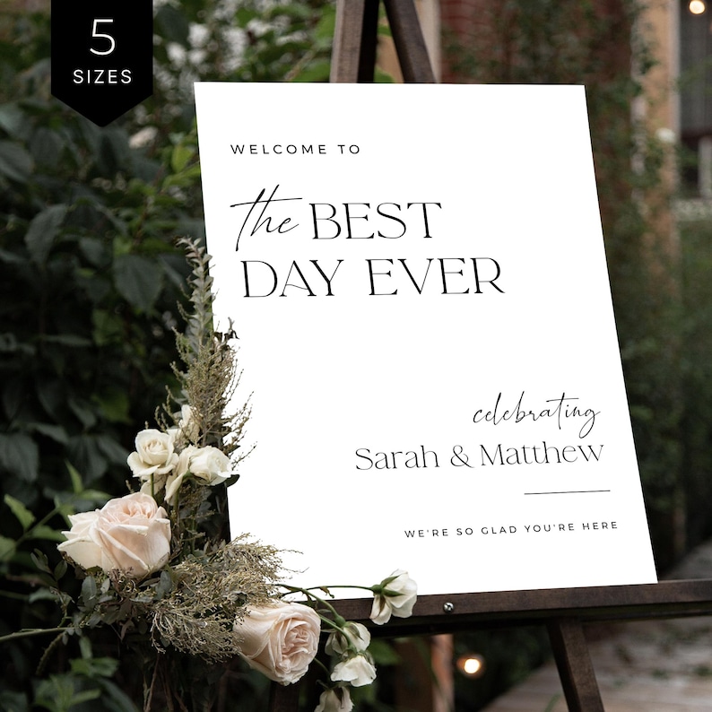 Wedding Welcome Sign Template Best Day Ever Personalized Couple Names Digital Download Minimalist Decor DIY Bride Instant Printable Black White Modern Signage Entrance Display