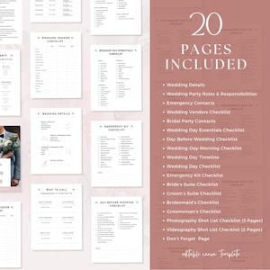 May include: A printable wedding planning checklist with 20 pages, including checklists for wedding details, vendor contacts, day-of essentials, emergency kit, and more. The checklist is designed in a minimalist style with black text on a white background.