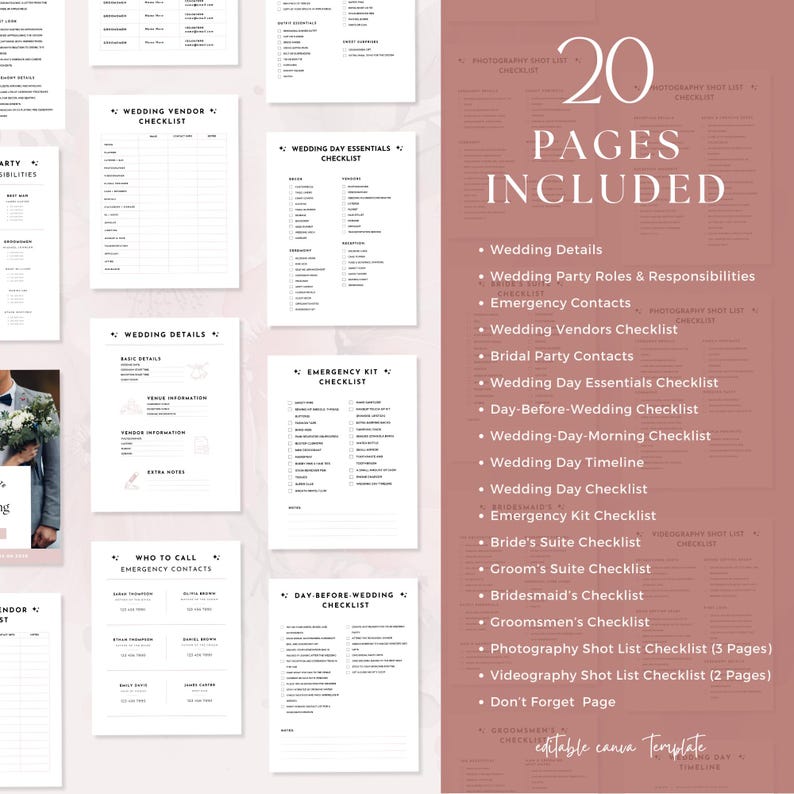 May include: A printable wedding planning checklist with 20 pages, including checklists for wedding details, vendor contacts, day-of essentials, emergency kit, and more. The checklist is designed in a minimalist style with black text on a white background.
