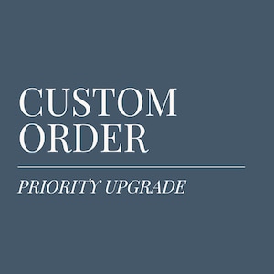 May include: A dark blue background with white text. The words "CUSTOM ORDER" are above a line, with "PRIORITY UPGRADE" below. The font is a serif style.