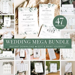 May include: A wedding invitation suite with 47 templates in a green and white color scheme. The suite includes a save the date card, RSVP card, wedding invitation, and other wedding stationery. The text on the invitation reads "Amanda and Matthew".