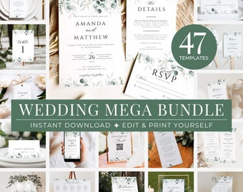 Greenery Wedding Invitation Bundle Digital Download Stationery Set Modern Floral Design Wedding Program Detail Card Thank You Wedding Menu