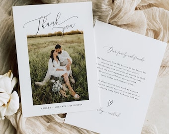 May include: A wedding thank you card with a photo of a couple in a field. The card reads "Thank you" in cursive and "Ashley Michael | 26.10.2024" below the photo. The back of the card has a message to family and friends thanking them for sharing their special day.