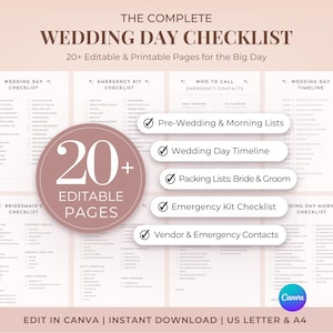 Wedding Day Checklist Printable Wedding Planner Template Wedding Organization Guide Bride Planning Kit DIY Timeline Vendor Contact List