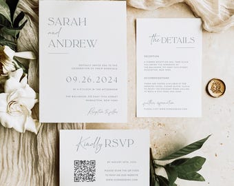 Minimalist Wedding Invitation Set Template Elegant Modern Invite Suite with QR Code Instant Download Printable Editable DIY Templett Design