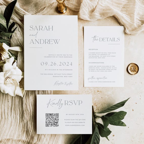 Minimalist Wedding Invitation Set Template Elegant Modern Invite Suite with QR Code Instant Download Printable Editable DIY Templett Design