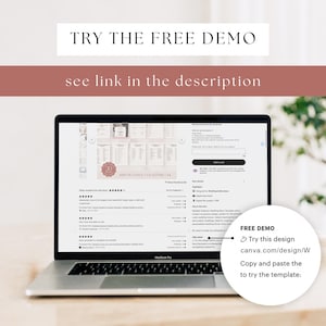 May include: A laptop screen displaying a wedding menu template in Canva. The template is pink and white with a floral design. The text on the screen reads "20 EDIT IN CANVA | US LETTER | A4". The laptop is on a wooden table. A text box on the right side of the image says "FREE DEMO Try this design canva.com/design/W Copy and paste the to try the template:"