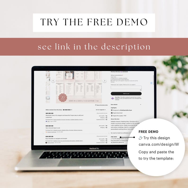 May include: A laptop screen displaying a wedding menu template in Canva. The template is pink and white with a floral design. The text on the screen reads "20 EDIT IN CANVA | US LETTER | A4". The laptop is on a wooden table. A text box on the right side of the image says "FREE DEMO Try this design canva.com/design/W Copy and paste the to try the template:"