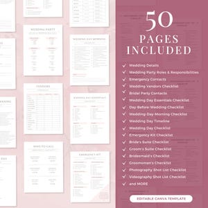 Puede incluir: Una lista de verificaci&oacute;n rosa y blanca con el texto "50 p&aacute;ginas incluidas" y una lista de listas de verificaci&oacute;n de planificaci&oacute;n de bodas, que incluyen detalles de la boda, roles y responsabilidades de la fiesta de bodas, contactos de emergencia, lista de verificaci&oacute;n de proveedores de bodas, contactos de la fiesta nupcial, lista de verificaci&oacute;n de art&iacute;culos esenciales para el d&iacute;a de la boda, lista de verificaci&oacute;n del d&iacute;a anterior a la boda, lista de verificaci&oacute;n de la ma&ntilde;ana del d&iacute;a de la boda, cronograma del d&iacute;a de la boda, lista de verificaci&oacute;n del d&iacute;a de la boda, lista de verificaci&oacute;n del kit de emergencia, lista de verificaci&oacute;n de la suite de la novia, lista de verificaci&oacute;n de la suite del novio, lista de verificaci&oacute;n de las damas de honor, lista de verificaci&oacute;n de los padrinos de boda, lista de verificaci&oacute;n de la lista de tomas de fotos, lista de verificaci&oacute;n de la lista de tomas de video, y m&aacute;s. La lista de verificaci&oacute;n es una plantilla de Canva editable.