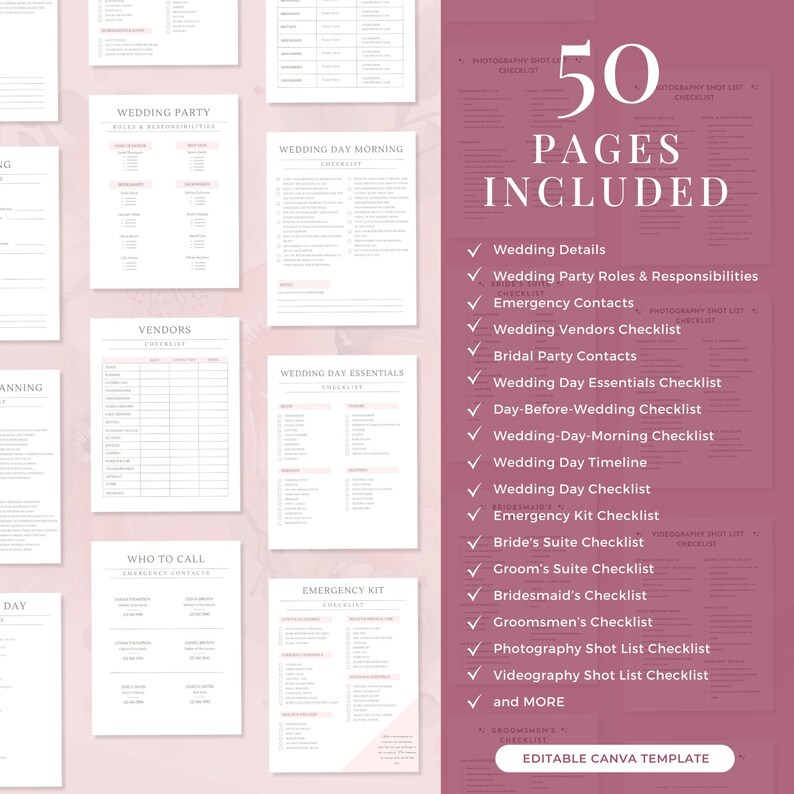 Puede incluir: Una lista de verificaci&oacute;n rosa y blanca con el texto "50 p&aacute;ginas incluidas" y una lista de listas de verificaci&oacute;n de planificaci&oacute;n de bodas, que incluyen detalles de la boda, roles y responsabilidades de la fiesta de bodas, contactos de emergencia, lista de verificaci&oacute;n de proveedores de bodas, contactos de la fiesta nupcial, lista de verificaci&oacute;n de art&iacute;culos esenciales para el d&iacute;a de la boda, lista de verificaci&oacute;n del d&iacute;a anterior a la boda, lista de verificaci&oacute;n de la ma&ntilde;ana del d&iacute;a de la boda, cronograma del d&iacute;a de la boda, lista de verificaci&oacute;n del d&iacute;a de la boda, lista de verificaci&oacute;n del kit de emergencia, lista de verificaci&oacute;n de la suite de la novia, lista de verificaci&oacute;n de la suite del novio, lista de verificaci&oacute;n de las damas de honor, lista de verificaci&oacute;n de los padrinos de boda, lista de verificaci&oacute;n de la lista de tomas de fotos, lista de verificaci&oacute;n de la lista de tomas de video, y m&aacute;s. La lista de verificaci&oacute;n es una plantilla de Canva editable.