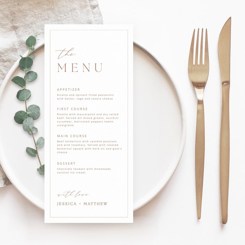 Modern wedding menu template in a minimalist marigold design, shown as a printable wedding dinner menu styled on an elegant reception table. Editable digital download menu with clean typography, perfect for couples creating coordinated wedding stationery and matching reception details.