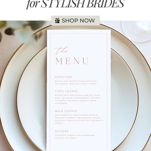 Printable wedding menu template with modern minimalist typography and a marigold theme, styled on a reception table for an elegant look. Editable wedding dinner menu digital download, perfect for creating cohesive wedding stationery and matching details for a modern celebration.