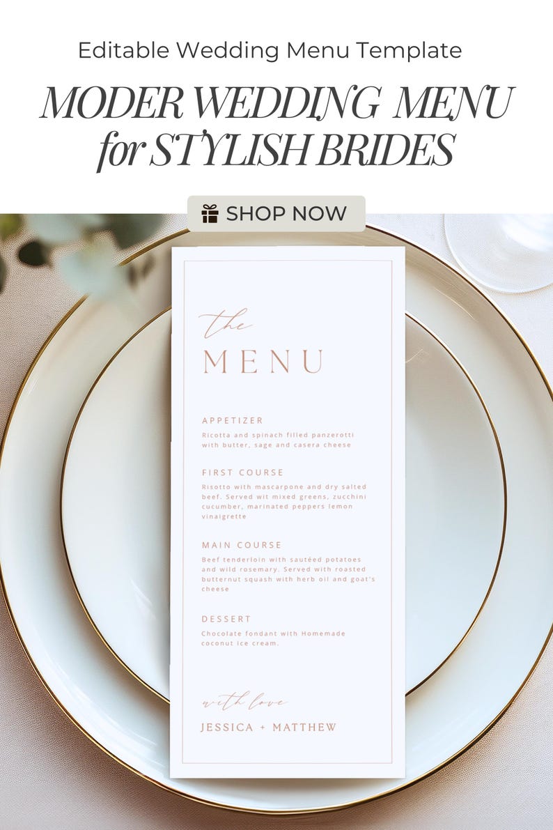 Printable wedding menu template with modern minimalist typography and a marigold theme, styled on a reception table for an elegant look. Editable wedding dinner menu digital download, perfect for creating cohesive wedding stationery and matching details for a modern celebration.