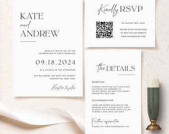 Minimalist Wedding Invitation Suite With Picture and Qr Code Modern Invitation Template Set Printable Editable Invites Instant Download
