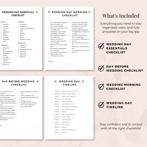 Modern blush Canva template bundle with 20+ wedding day checklists. Features bride & groom prep lists, vendor contacts, morning timeline, and more. Easy to edit, print, and use. Ideal for organized brides and wedding planners.