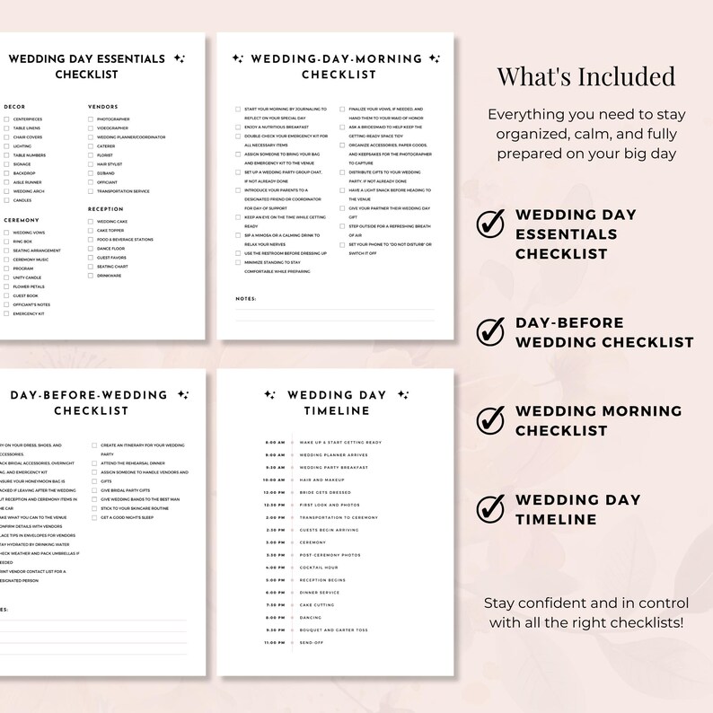 Modern blush Canva template bundle with 20+ wedding day checklists. Features bride & groom prep lists, vendor contacts, morning timeline, and more. Easy to edit, print, and use. Ideal for organized brides and wedding planners.
