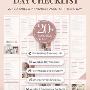Complete editable Canva wedding checklist kit with over 20 pages to plan your big day. Includes pre-wedding prep, timeline, packing, and emergency kit. Great for brides, MOHs, and planners. Instant download, A4 & US sizes.