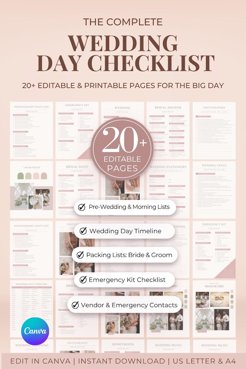 Complete editable Canva wedding checklist kit with over 20 pages to plan your big day. Includes pre-wedding prep, timeline, packing, and emergency kit. Great for brides, MOHs, and planners. Instant download, A4 & US sizes.