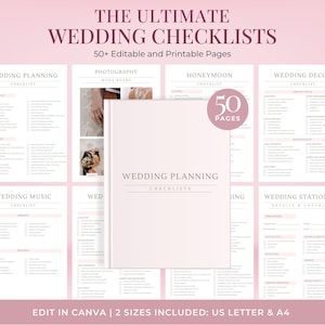 May include: A pink and white printable wedding checklist booklet with the title "The Ultimate Wedding Checklists" and "50+ Editable and Printable Pages". The booklet includes checklists for wedding planning, photography, honeymoon, wedding decor, wedding music, wedding stationery, and more.