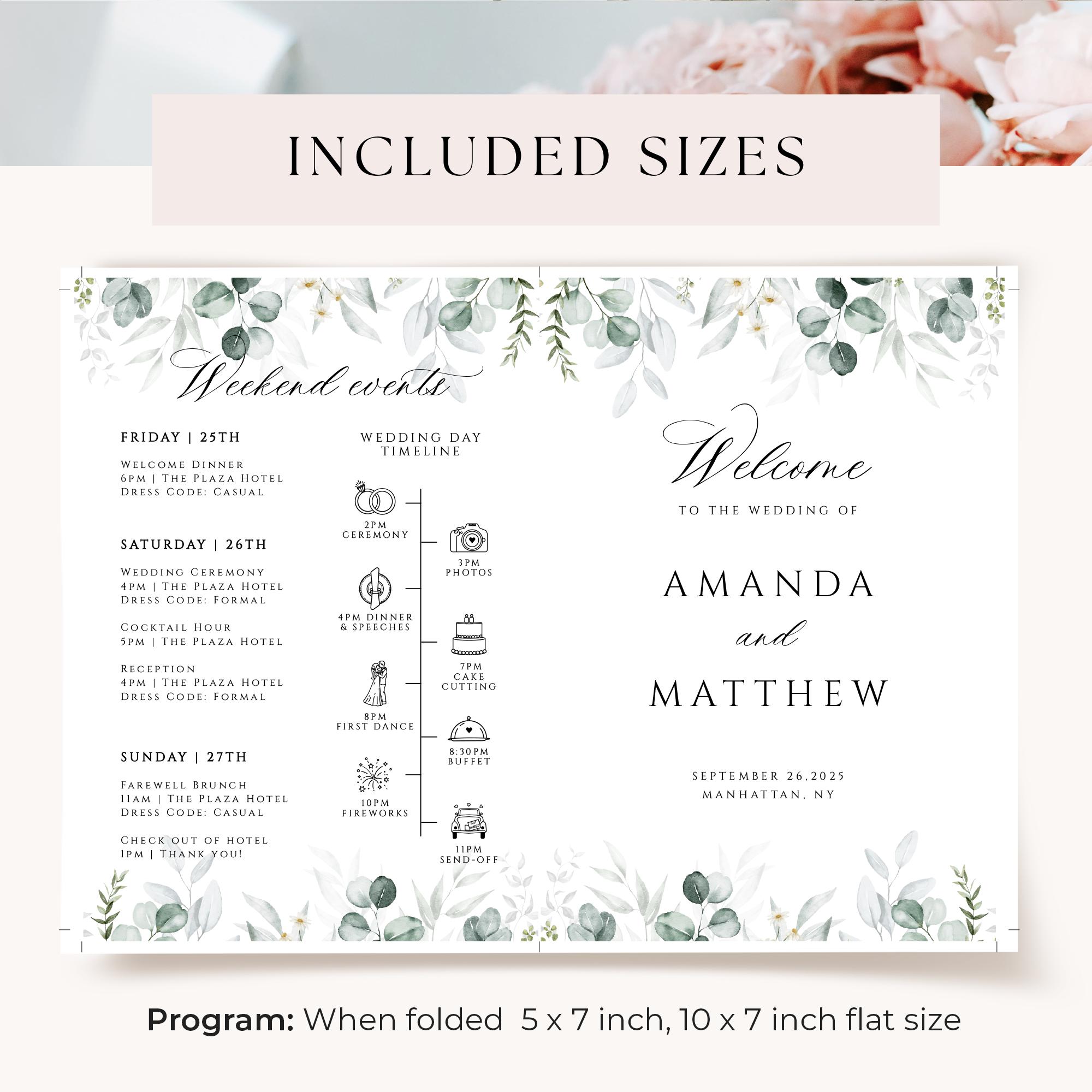 Wedding Program Fan Template Greenery Wedding Timeline Program ...