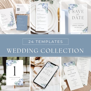 Dusty Blue Wedding Template Bundle Digital Wedding Template DIY Wedding Stationery Suite Customizable Wedding Invitation Modern Planning Kit