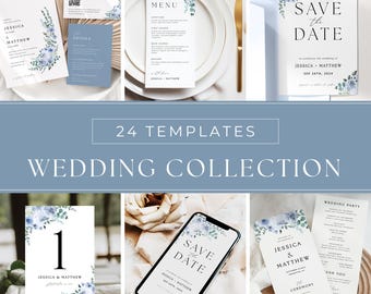 Dusty Blue Wedding Template Bundle Digital Wedding Template DIY Wedding Stationery Suite Customizable Wedding Invitation Modern Planning Kit