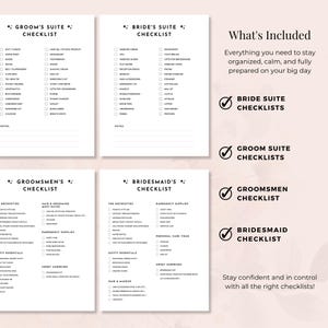 K&ouml;nnte beinhalten: Vier wei&szlig;e Papier-Checklisten f&uuml;r Hochzeitsgesellschaften mit den Titeln Groom's Suite, Bride's Suite, Groomsmen und Bridesmaid. Jede Liste enth&auml;lt schwarzen Text mit Kontrollk&auml;stchen f&uuml;r Kleidung, Pflegeprodukte und Notfallsets. Der Inhalt ist auf der rechten Seite aufgef&uuml;hrt.