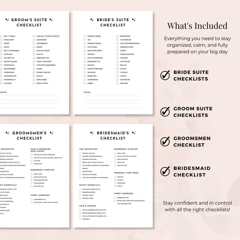 K&ouml;nnte beinhalten: Vier wei&szlig;e Papier-Checklisten f&uuml;r Hochzeitsgesellschaften mit den Titeln Groom's Suite, Bride's Suite, Groomsmen und Bridesmaid. Jede Liste enth&auml;lt schwarzen Text mit Kontrollk&auml;stchen f&uuml;r Kleidung, Pflegeprodukte und Notfallsets. Der Inhalt ist auf der rechten Seite aufgef&uuml;hrt.