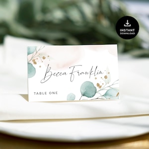 Plantilla de tarjeta de lugar de boda con vegetación, tarjetas de nombre imprimibles de eucalipto, tarjeta plegable con asiento de eucalipto de acuarela editable, boda rústica bohemia