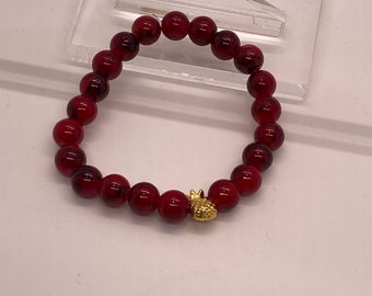 Red Glass Bead Bracelet with Pineapple Charm, Handcrafted Summer Accessory, gift ideas, Mother's Day, stretch bracelet